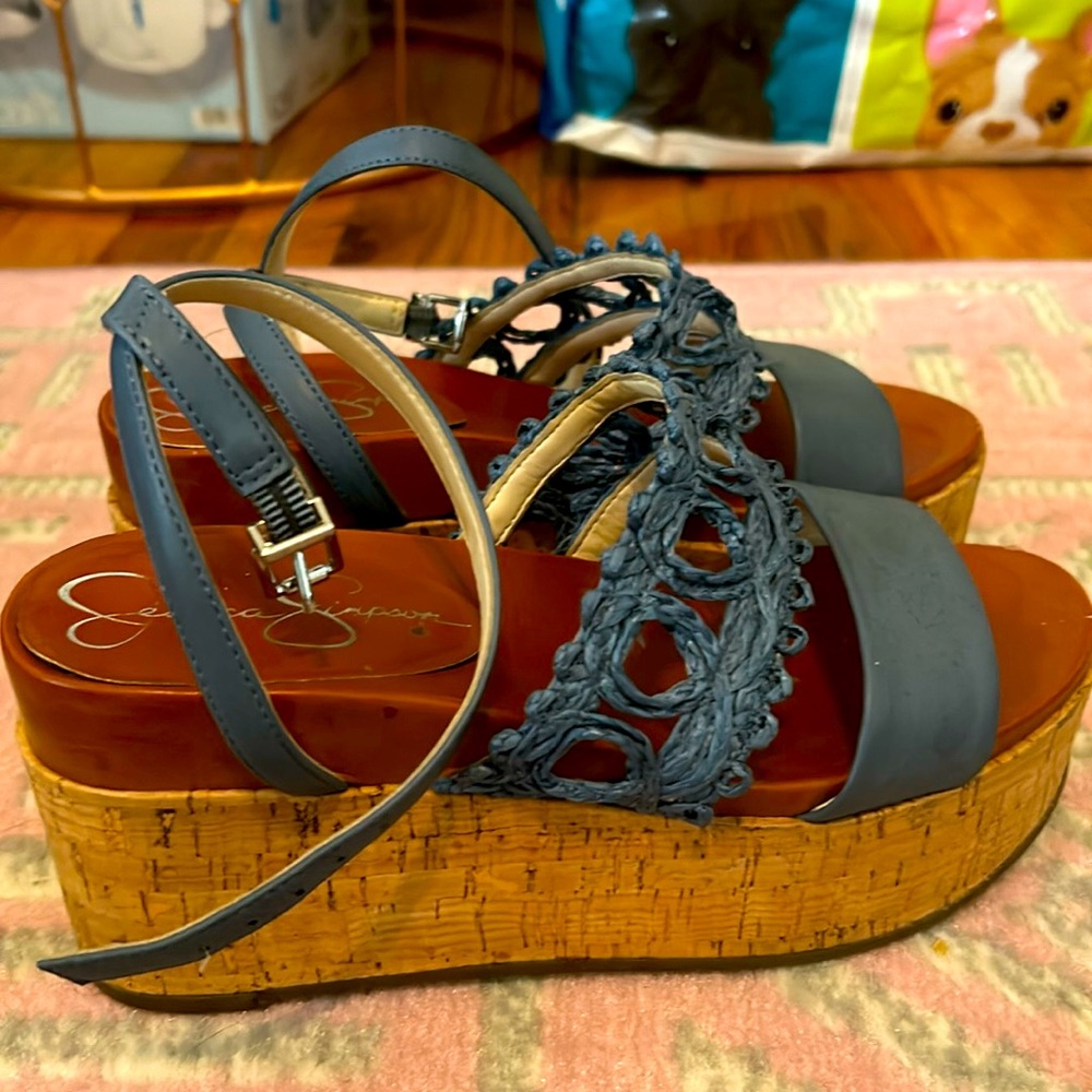 Blue & tan Jessica Simpson wedge sandals